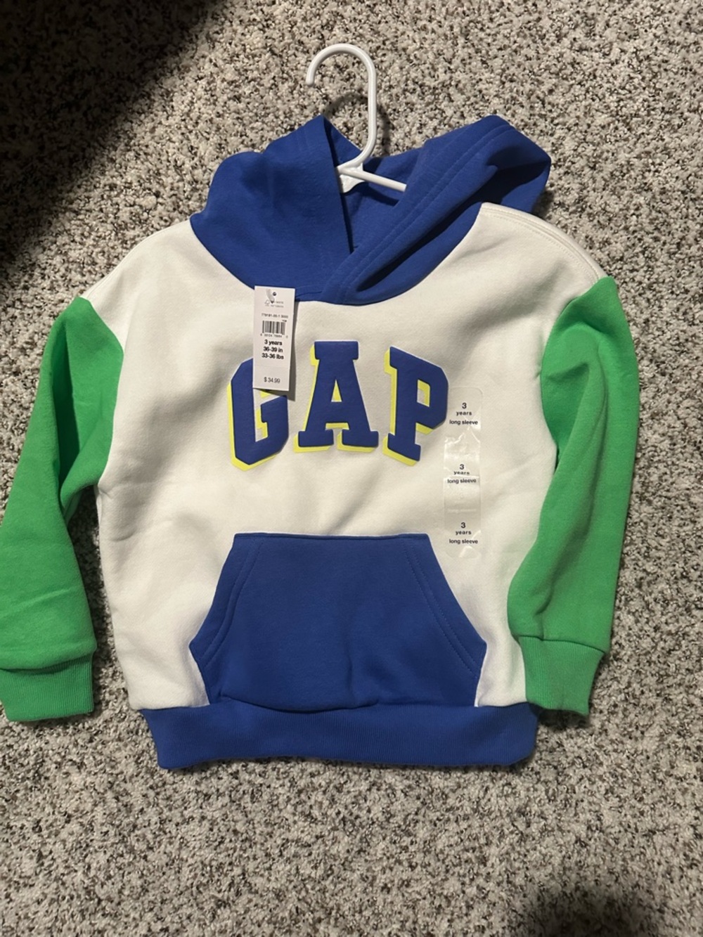 GAP Kids Colorblock Hoodie in Blue, White & Green with Yellow Accents